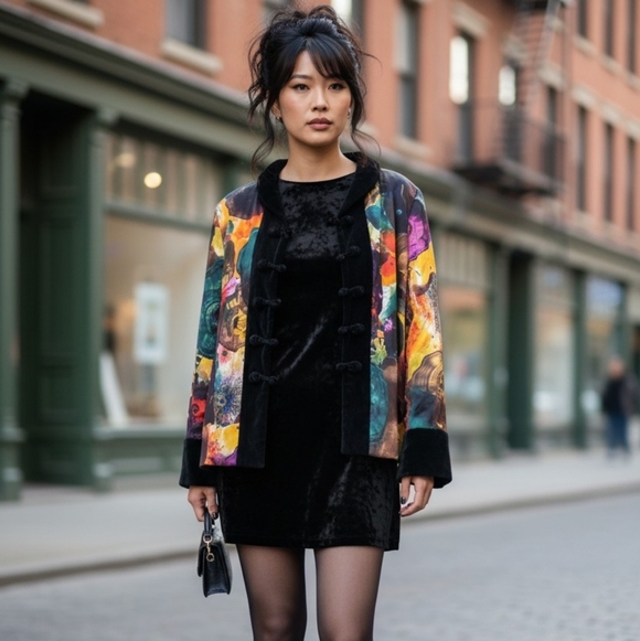 Unique Silky Ink Art Jacket with Velvet Trim - Picture 15 of 15